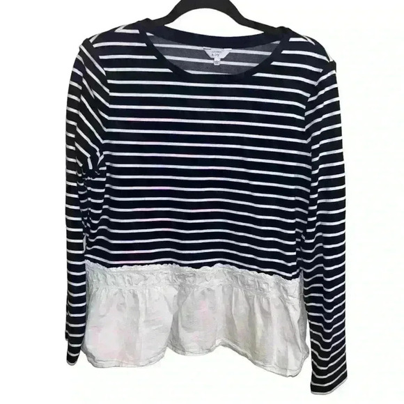 Crown & Ivy Long Sleeve Eyelet Hem Sweatshirt Top Shirt Striped Navy Size Large - Picture 4 of 6